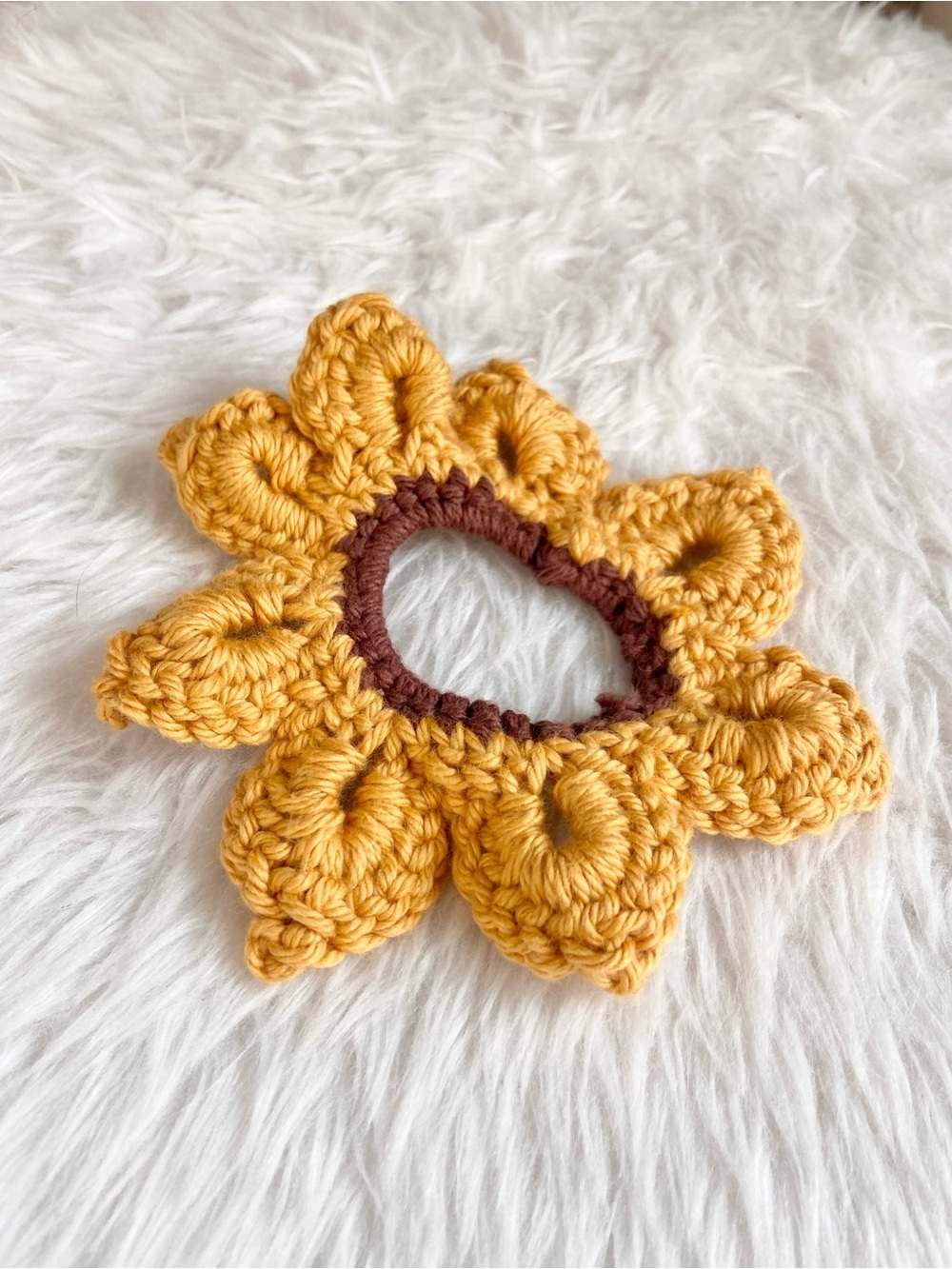 Golden Harvest Sunflower Crochet Scrunchie – Boho Floral Hair Tie - Picture 2 of 3